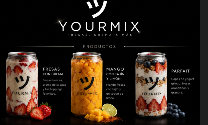 Productos YOURMIX: fresas con crema, mango y parfait